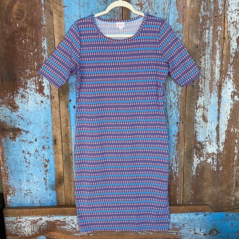 LuLaRoe Julia Blue Arrow Print Dress Size L